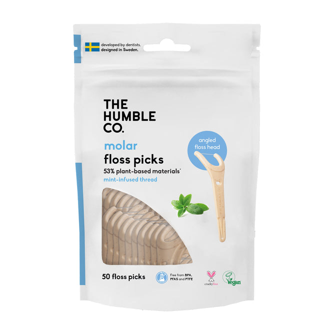 The Humble Co. Dental Floss Picks Molar package shows 50 mint-flavored floss picks made from 53% plant-based cornstarch, highlighting their eco-friendly, vegan, BPA-, and PFAS-free feature.