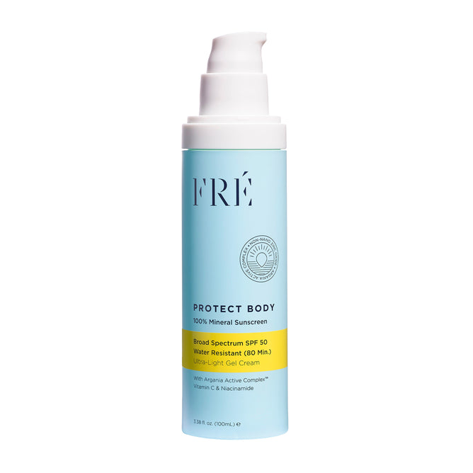 A light blue bottle of FRÉ Skincare PROTECT BODY 100% Mineral Sunscreen SPF 50 with pump dispenser features non-nano zinc oxide, Broad Spectrum protection, 80-min water resistance, and an ultra-light gel cream formula.