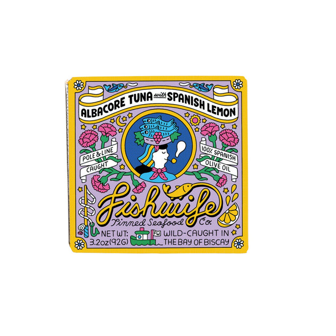 Fishwifes Albacore Tuna with Spanish Lemon features vibrant packaging depicting a woman with flowers and highlights the Conservas Tradition. The text emphasizes wild-caught, pole and line fishing in the Bay of Biscay.