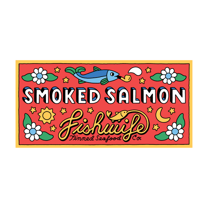 The label for Fishwifes Smoked Atlantic Salmon features a vibrant design with a fish, flowers, stars, moon, and sun on a red background. It showcases decorative lettering and patterns emphasizing sustainability.