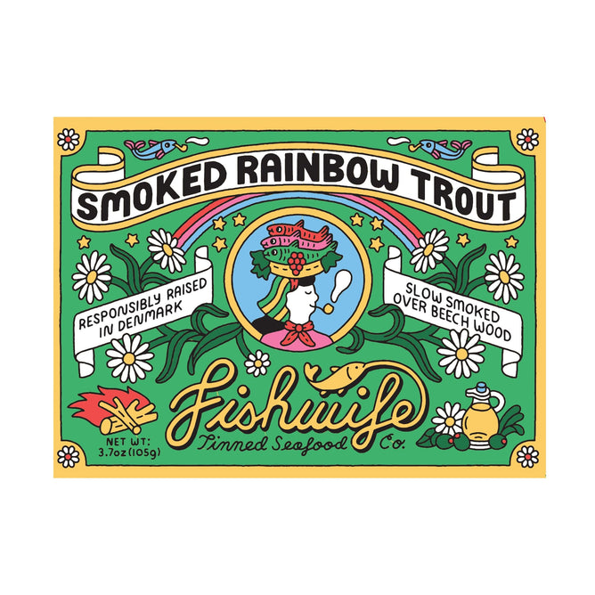 The packaging for Fishwifes Smoked Rainbow Trout shows a fish in sunglasses and a hat, surrounded by flowers. The text emphasizes its responsible raising in Denmark on a sustainable farm and slow smoking over beechwood. Net weight: 3.7 oz (105g).