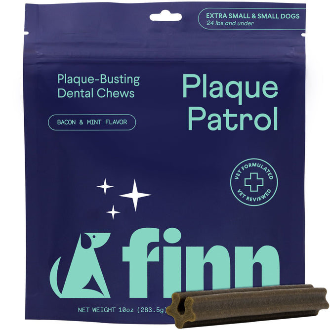 Finn Plaque Patrol Dental Sticks for dogs weigh 24 lbs and under, feature bacon and mint flavor for plaque control, come in a navy bag with light green text, and showcase a single chew in front. They offer sustainable pet care.