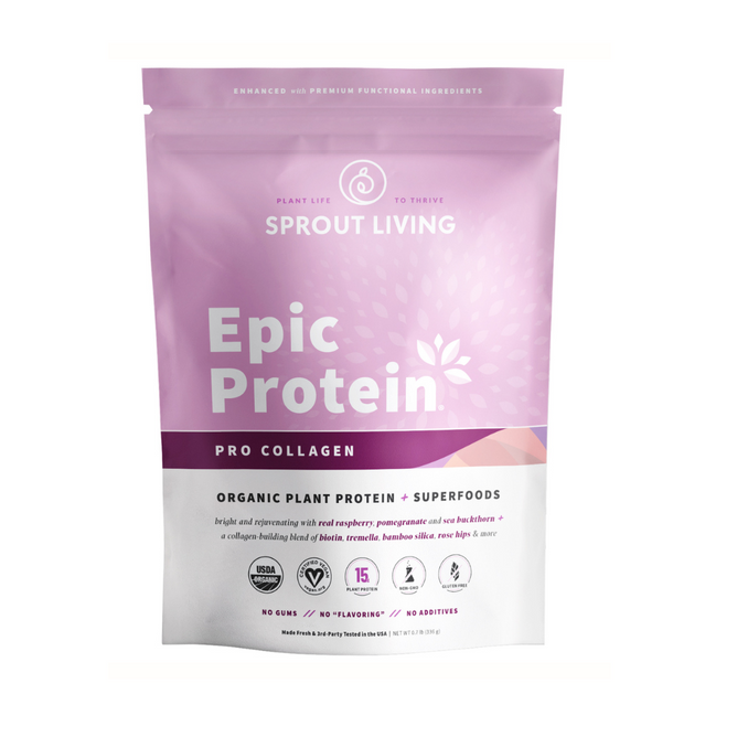 Sprout Livings Epic Protein: Pro Collagen, in pink and white packaging, features organic plant-based protein with superfoods like red reishi and pomegranate for skin and hair wellness. It has badges for vegan, gluten-free, and non-GMO.