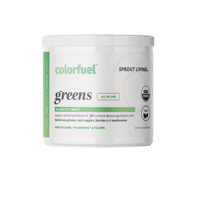 Sprout Livings Colorfuel : Greens, a white container of all-in-one organic superfoods, offers a slightly sweet taste and contains greens, roots, berries, and mushrooms for digestive health. It is vegan, USDA Organic certified, and weighs 7.41 oz (210 g).