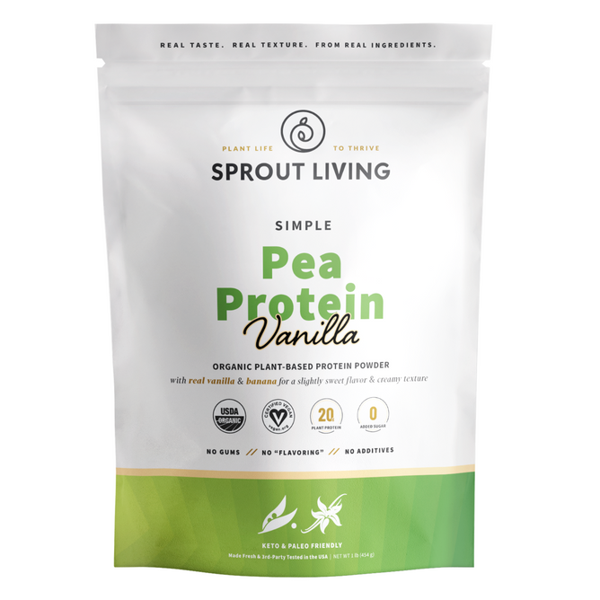 A white and green bag of Sprout Living Simple Protein, Organic Pea Protein- Vanilla, with plant-based protein from organic yellow peas, 20g protein per serving, and USDA Organic, vegan, and non-GMO icons.