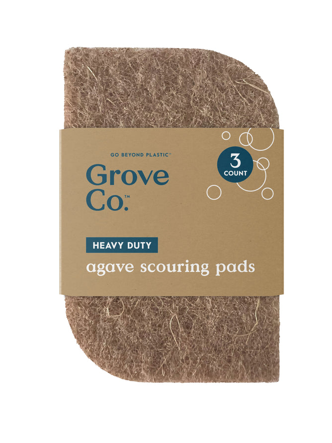 Image of Grove Co. Heavy Duty Agave Scour pads, made with agave plant fibers. The pack contains three eco-friendly pads with a natural texture for tough cleaning and features Go Beyond Plastic at the top.