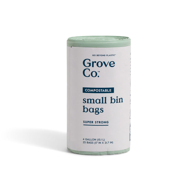 Grove Co. Compostable Food Scrap Bags - 4 Gallon (25 count) are BPI-certified, super strong small bin liners for kitchen compost pails. Packaging is white and light green.