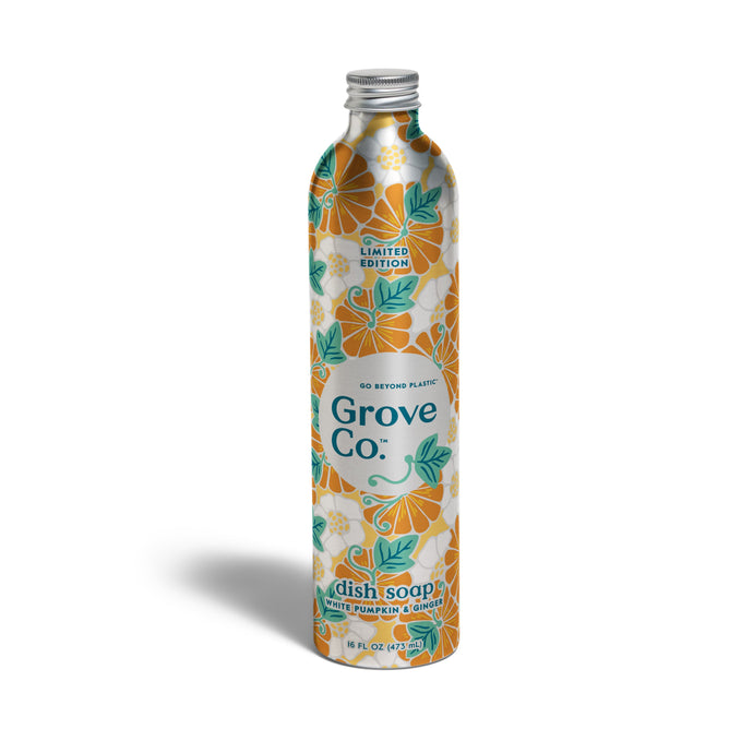 Grove Co. Dish Soap Refill - Fall Collection comes in a recyclable aluminum bottle with an orange-yellow floral pumpkin design, labeled White Pumpkin & Ginger and Limited Edition. Includes 16 fl oz (473 mL) of festive fall scent.