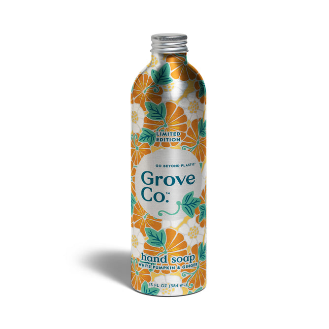 Grove Co. Hand Soap Refill - Fall Collection features a fall scent of white pumpkin and ginger in a reusable, recyclable aluminum bottle with pumpkin and leaf designs. Limited edition.