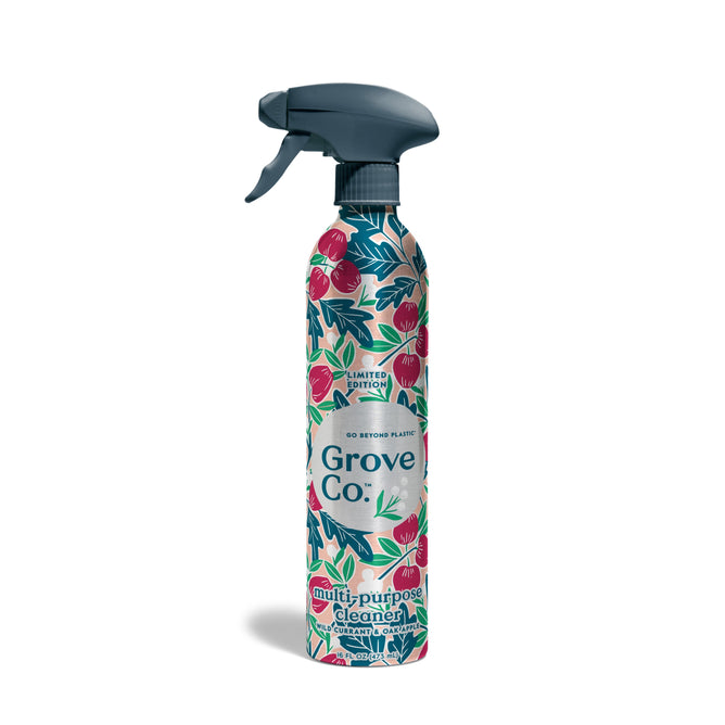 A recyclable aluminum spray bottle of Grove Co. Mulit-Purpose Cleaner - Fall Collection with a floral-patterned label and dark gray nozzle stands upright on a white background.