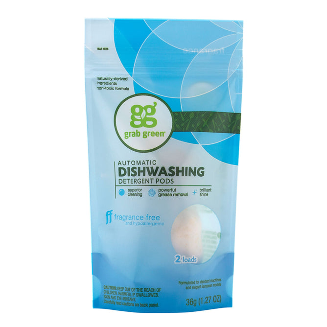 A blue and white package of grab greens Classic Automatic Dishwashing Detergent Pods - Fragrance Free - Sample features plant & mineral-based ingredients. It promises superior cleaning, powerful grease removal, and brilliant shine in a hypoallergenic formula with 36g for two loads.