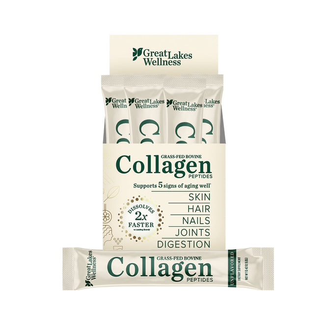 A box of Great Lakes Wellness Bovine Collagen Peptides Powder, 20 count, KETO-Certified for skin, hair, nails, joints & digestion support is shown with one single-serve packet displayed in front.