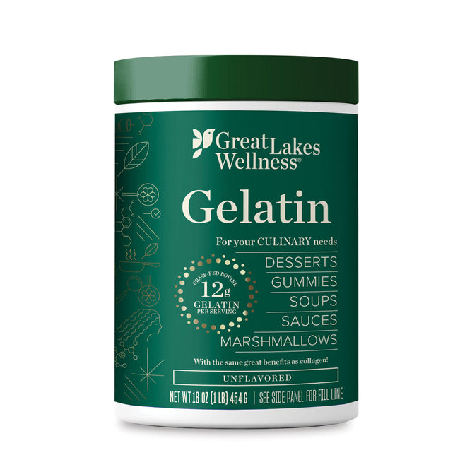 A green container of Great Lakes Wellness Beef Gelatin, 16 oz, for making desserts, gummies, soups, sauces, and marshmallows. Each serving provides 12g protein. White and gold text highlights its versatile culinary uses.