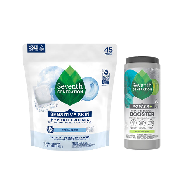 On the left is a pack of Seventh Generation Laundry Detergent Packs - Sensitive Skin + free gift, while on the right sits Seventh Generation Power+ Stain Remover Booster. Both feature white and green plant-based laundry detergent packaging with blue accents.