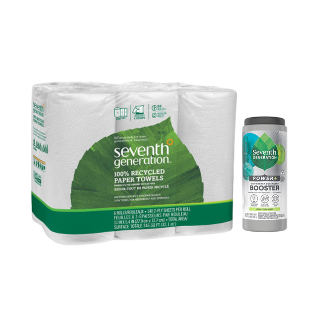 A pack of eco-friendly Seventh Generation Paper Towel (140 sheets per roll) with a free gift complements a Power+ toilet bowl cleaner, set against a plain white background.