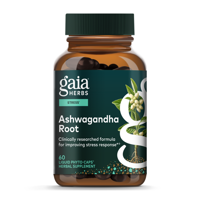 Gaia Herbs Ashwagandha Root herbal supplement comes in a green-labeled bottle with white text and ashwagandha berry and leaf illustrations, containing 60 liquid phyto-caps for adaptogenic stress support.