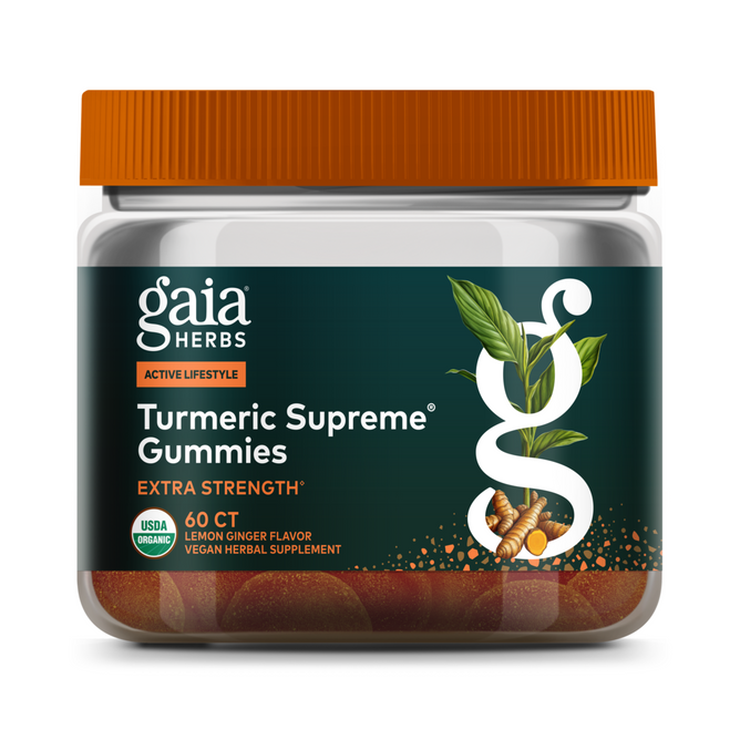 Gaia Herbs Turmeric Supreme Extra Strength Gummies, 60 count, lemon ginger flavor, come in a container with an orange lid and a label showing turmeric roots and green leaves. These certified organic gummies support healthy inflammatory function.