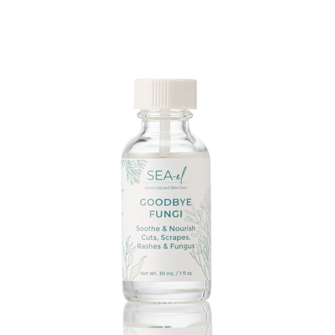 Sea-el Goodbye Fungi is a 1 fl oz (30 mL) clear glass bottle with a white cap, labeled to soothe and nourish cuts, scrapes, rashes, and skin fungus with tea tree and antifungal botanicals.