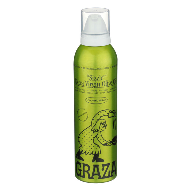 Grazas Sizzle Extra Virgin Olive Oil for Cooking Spray comes in a green can with a playful illustration of a person pouring oil, offering a mellow flavor made from mid-season olives.