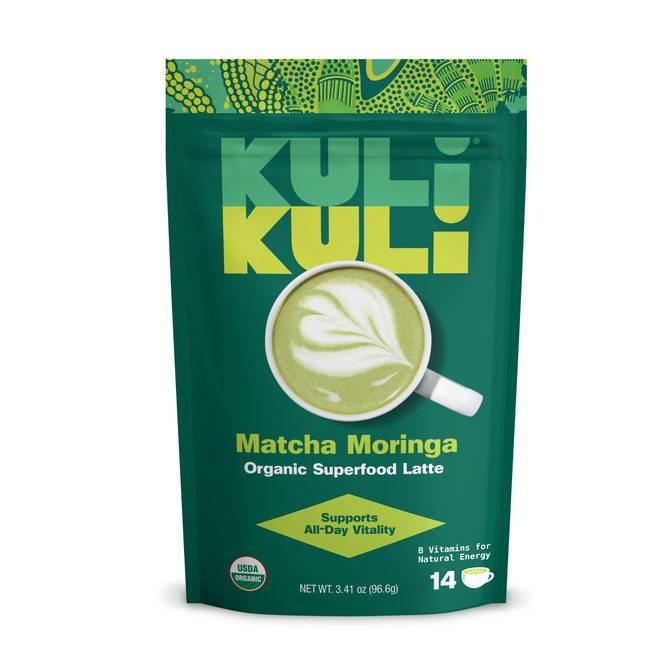 A green resealable pouch of Kuli Kuli Foods Energizing Organic Superfood Latte, featuring a cup of green latte, USDA Organic label, and highlighting 14 servings with moringa, matcha, and B vitamins for natural energy.