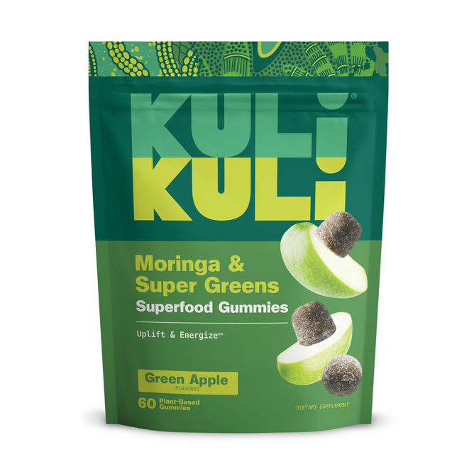 A green and yellow pouch of Kuli Kuli Foods Moringa and Super Greens SuperGummies in Green Apple flavor features sliced green apples and 60 plant-based gummies with moringa and super greens on the packaging.