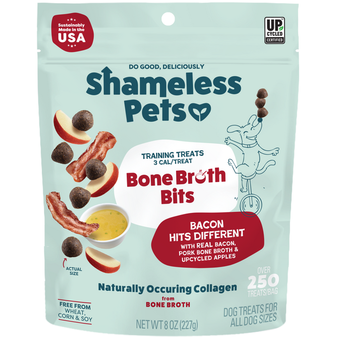 A bag of Shameless Pets Bacon Hits Different Bone Broth Training Treats features bone broth chews and natural collagen, with images of bacon, apples, and broth. Each USA-made bag contains over 250 treats.