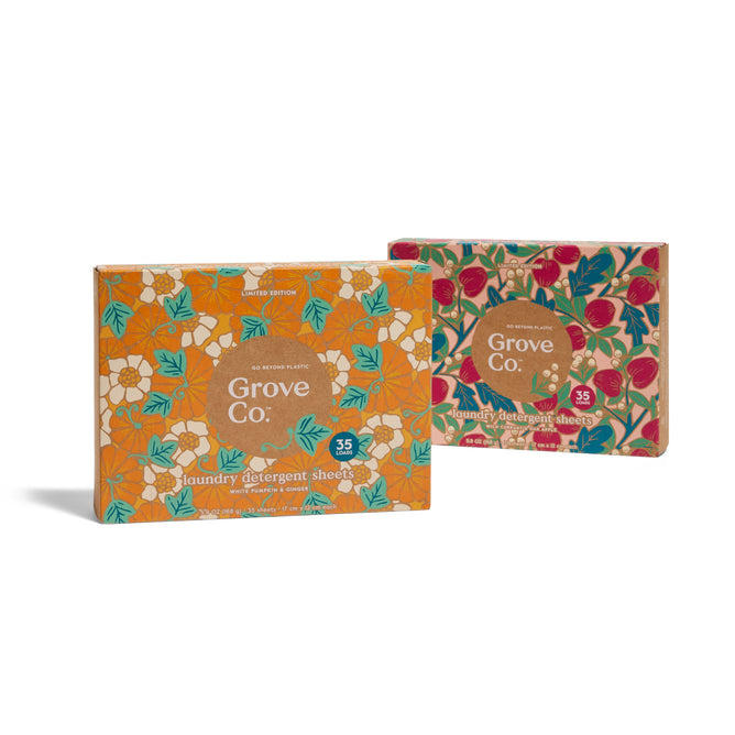 Two boxes of Grove Co. Laundry Detergent Sheets - Fall Collection, featuring floral designs in orange/white and red/green. Each box has 35 eco-friendly sheets—ideal for a sustainable autumn refresh.