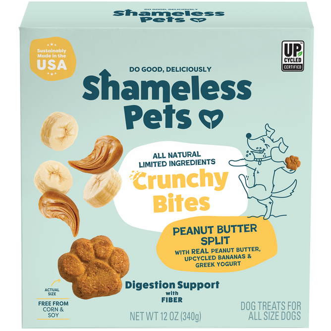 Shameless Pets Peanut Butter Split Crunchy Bites dog treats, with upcycled banana slices and limited ingredients, feature a cartoon dog on the box and product details highlighting fiber.