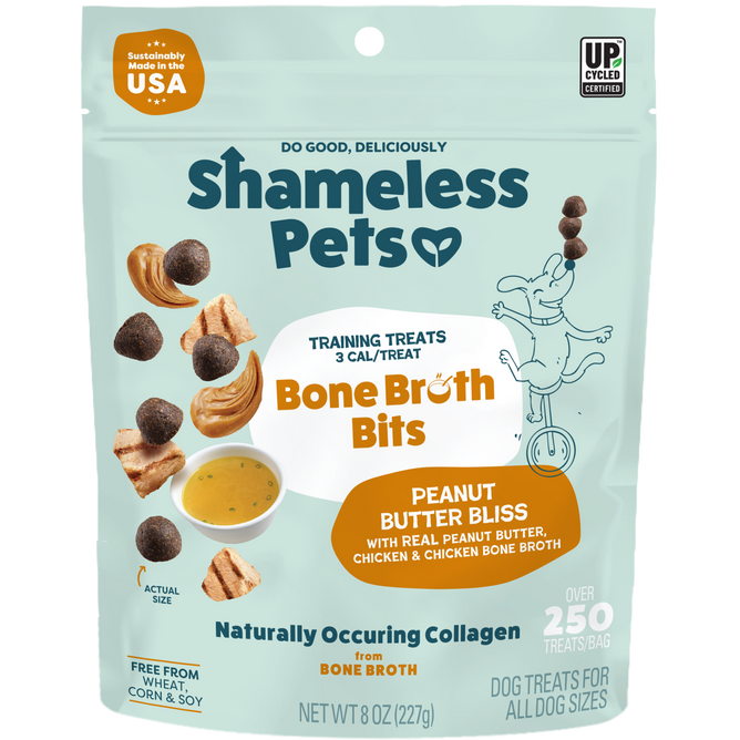 A bag of Shameless Pets Peanut Butter Bliss Bone Broth Training Treats, showing the treats, peanut butter, chicken, and a playful cartoon dog. The packaging highlights real ingredients, collagen, and includes over 250 training treats.