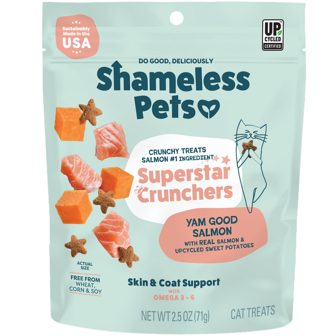 A bag of Shameless Pets Yam Good Salmon Crunchy Cat Treats, made with salmon and sweet potatoes in star shapes, features Omega 3+6 for skin, coat, and digestive support plus upcycled ingredients.