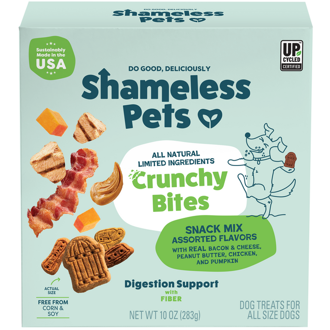 A box of Shameless Pets Party Mix - Crunchy Bites features assorted, all-natural dog treats made in the USA with upcycled sweet potatoes and flavors like bacon, cheese, chicken, and pumpkin.