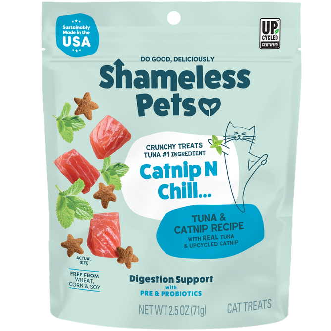 A bag of Shameless Pets Fintastic Catnip Crunchy Cat Treats, tuna and catnip recipe with upcycled sweet potatoes, featuring tuna chunks, catnip leaves, and star-shaped kibble on a light blue package. Net wt 2.5 oz (71g).