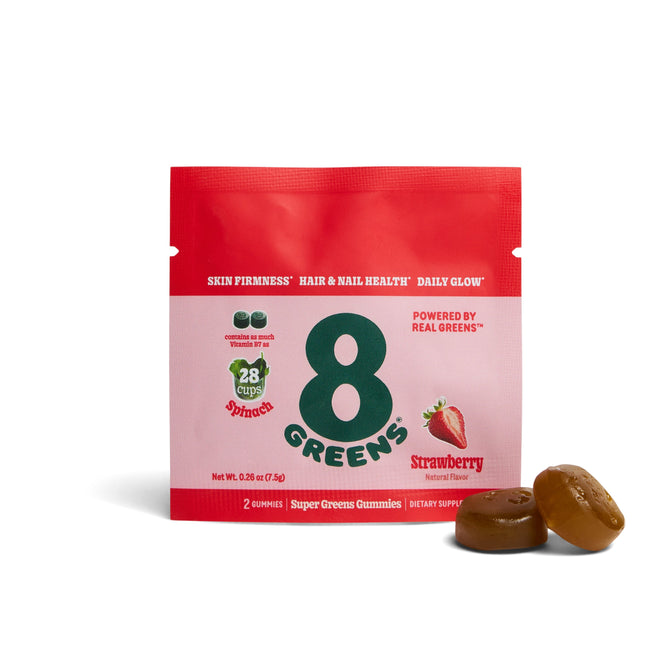 A red and pink pouch labeled 8Greens Super Greens Gummies, Beauty - Sample (strawberry flavor) holds 2 gummies in front and highlights skin, hair, and nail benefits as a dietary supplement.