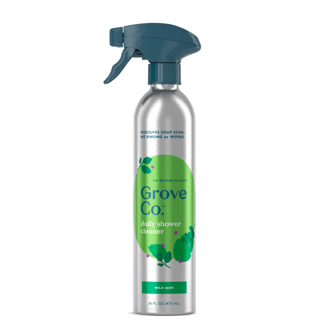 Grove Co.s upcoming Daily Shower Cleaner is in a sleek, recyclable aluminum spray bottle with Wild Mint scent. Its plant-based formula dissolves soap scum without rinsing or wiping. It has a dark green cap and mint leaf label, holding 16 fl oz (473 mL).