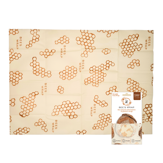 A Bee’s Wrap Single Bread Wrap with a honeycomb design lies flat, while its packaging shows the wrap over a bowl, emphasizing plastic-free, eco-friendly food storage by Bees Wrap to help keep bread fresh.