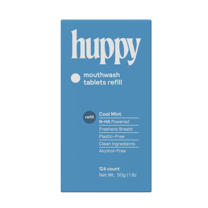 A blue Huppy Mouthwash Tablets Refill box, Cool Mint, N-HA Powered, freshens breath, plastic-free packaging, clean ingredients, alcohol-free, 124 tablets, net wt. 50g (1.8oz).