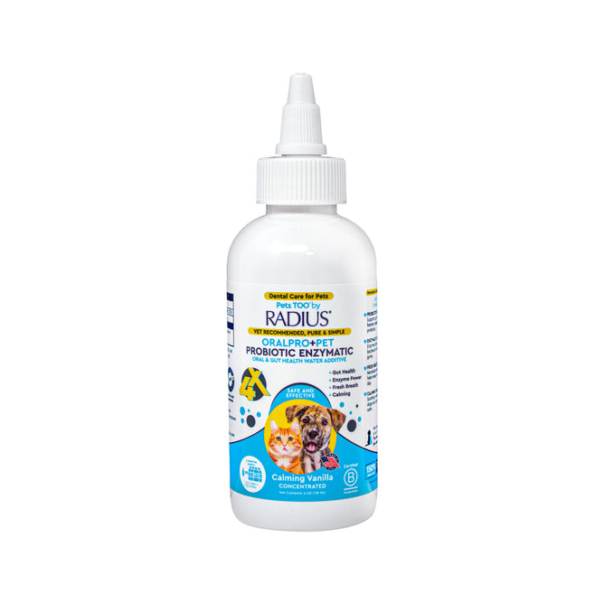 White bottle of Radius OralPro+ Pet Probiotic Dental Water Additive with a screw cap features images of a cat and a dog on the label. It highlights its Enzymatic formula, Calming Vanilla flavor, and Oral Health Support for pets.