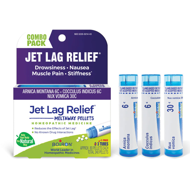 Boiron Jet Lag Relief Bonus Pack comes in a purple and white box with three blue tubes and provides homeopathic relief for travel symptoms like drowsiness, nausea, muscle pain, and stiffness.