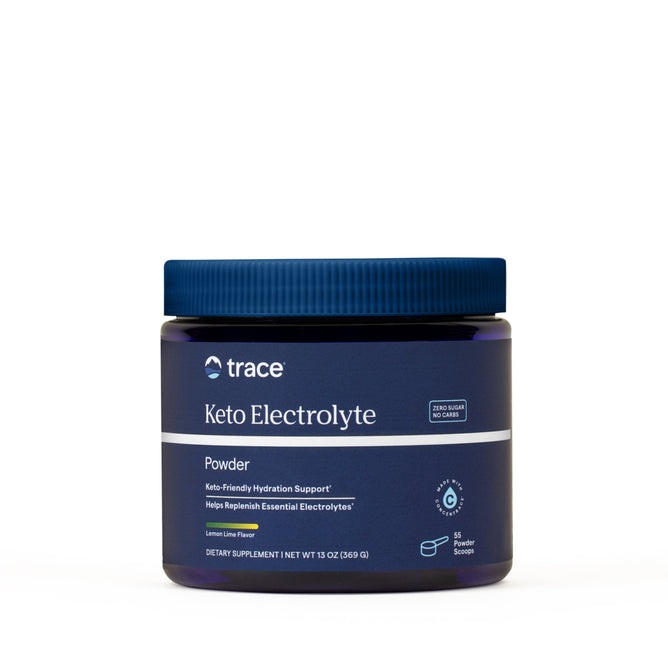 The Trace Minerals Keto Electrolyte Lemon Lime Canister offers sugar-free, keto-friendly hydration with 95 servings, featuring a blue label and screw cap—perfect for low-carb lifestyles.