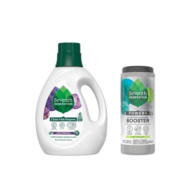 A bottle of Seventh Generation Liquid Laundry Detergent with a green cap is beside a cylindrical container of Seventh Generation Power+ stain-fighting booster. Both products display the brand logo, environmental certifications, and are made with USDA Certified Biobased natural ingredients.