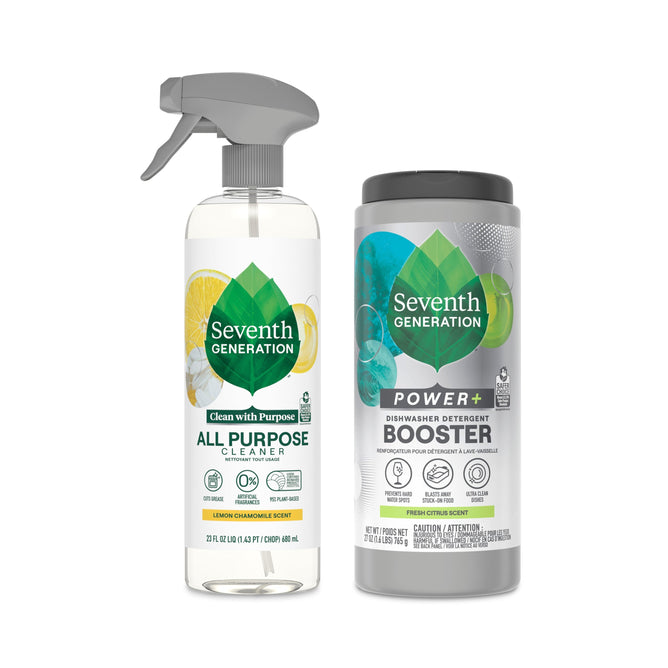 Image of two Seventh Generation products: on the left, All Purpose Cleaner & free gift with lemon grapefruit scent for streak-free shine using plant-derived agents; on the right, Dishwasher Detergent Booster with fresh citrus scent. Both labels feature green leaf motifs.