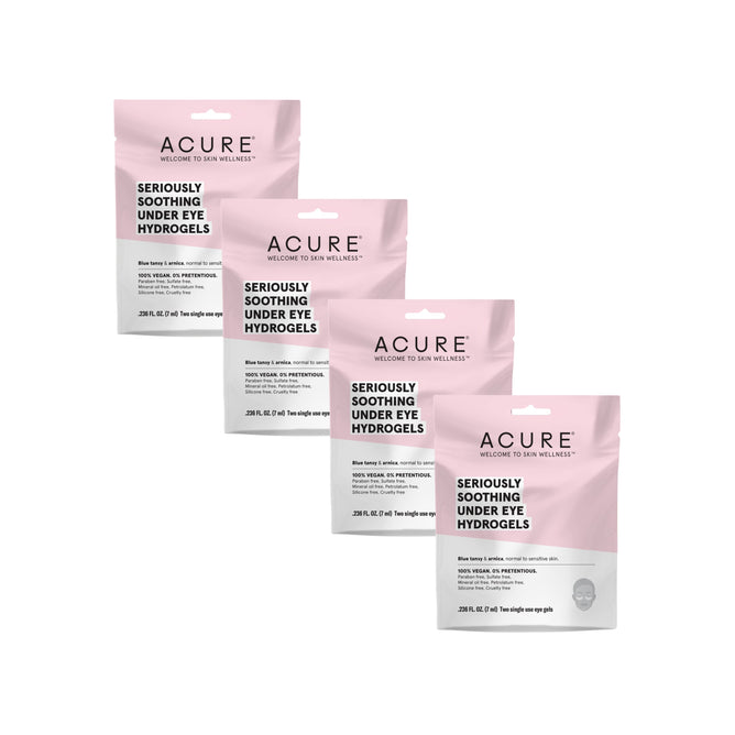 Four packets of Seriously Soothing Under Eye Hydrogels are lined up, showcasing skincare benefits like Blue Tansys soothing effects and its ability to target dark circles for a refreshed look.