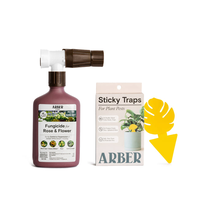 A bottle of Arber Organic Fungicide for Roses and Flowers with a hose attachment, plus free Sticky Traps for Plant Pests, shown with yellow leaf-shaped traps next to the packaging.