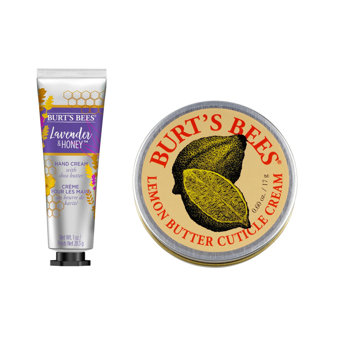 A tube of Burt’s Bees Hand Cream with Shea Butter and a free gift are placed side by side on a white background.