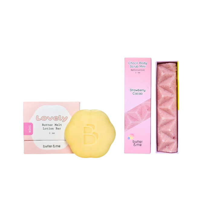 A yellow flower-shaped Mini Butter Lotion Bar and a pink Mini Choco Body Scrub from butter & me are featured in the Buy Mini Butter Lotion Bar, Get Mini Choco Body Scrub Free offer.