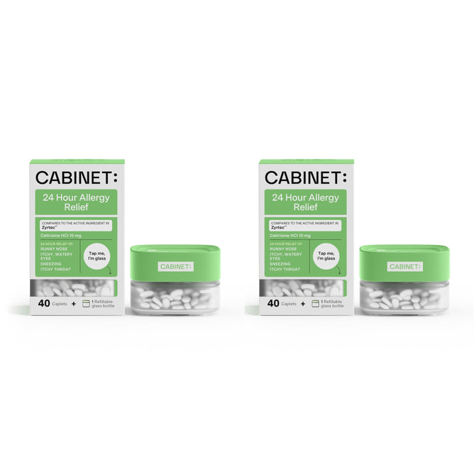 Two identical Cabinet Health boxes, each with 40 capsules of All Day Allergy Relief and green lids, provide sustainable allergy relief for symptoms like a runny nose, itchy eyes, and sore throat. Plus, get a free gift with your order for long-lasting comfort.