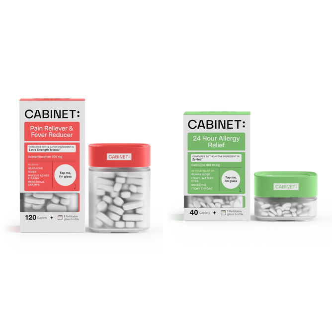 Two medication packs sit side by side. On the left, Cabinet Healths red-labeled Pain Reliever & Fever Reducer with eco-friendly packaging stands with its box upright and bottle beside it. To the right is a green-labeled 24-hour allergy relief, showcasing its box and smaller bottle.