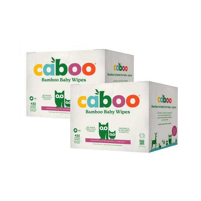Caboos Baby Wipes come in packs with an adorable owl design, boasting 432 ultra-soft, hypoallergenic wipes. The packaging is mainly white with green and orange details, emphasizing the naturally derived product.