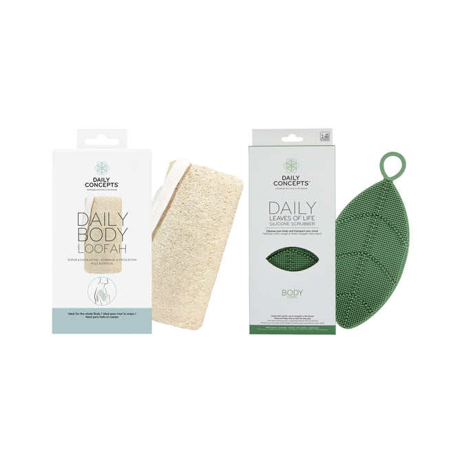 Two Grove Collaborative Daily Body Loofah exfoliating products—a beige loofah with a free gift and a green leaf-shaped silicone scrubber—are shown with packaging displaying product names and descriptions for daily body care.