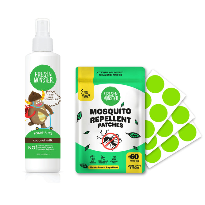 A bottle of Fresh Monster Detangler Spray for Kids with a free gift is displayed beside eco-friendly party cups made from sustainably sourced paper.